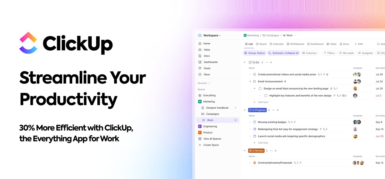ClickUp advert: Streamline Your Productivity, 30% more efficient with ClickUp, the everything app for work